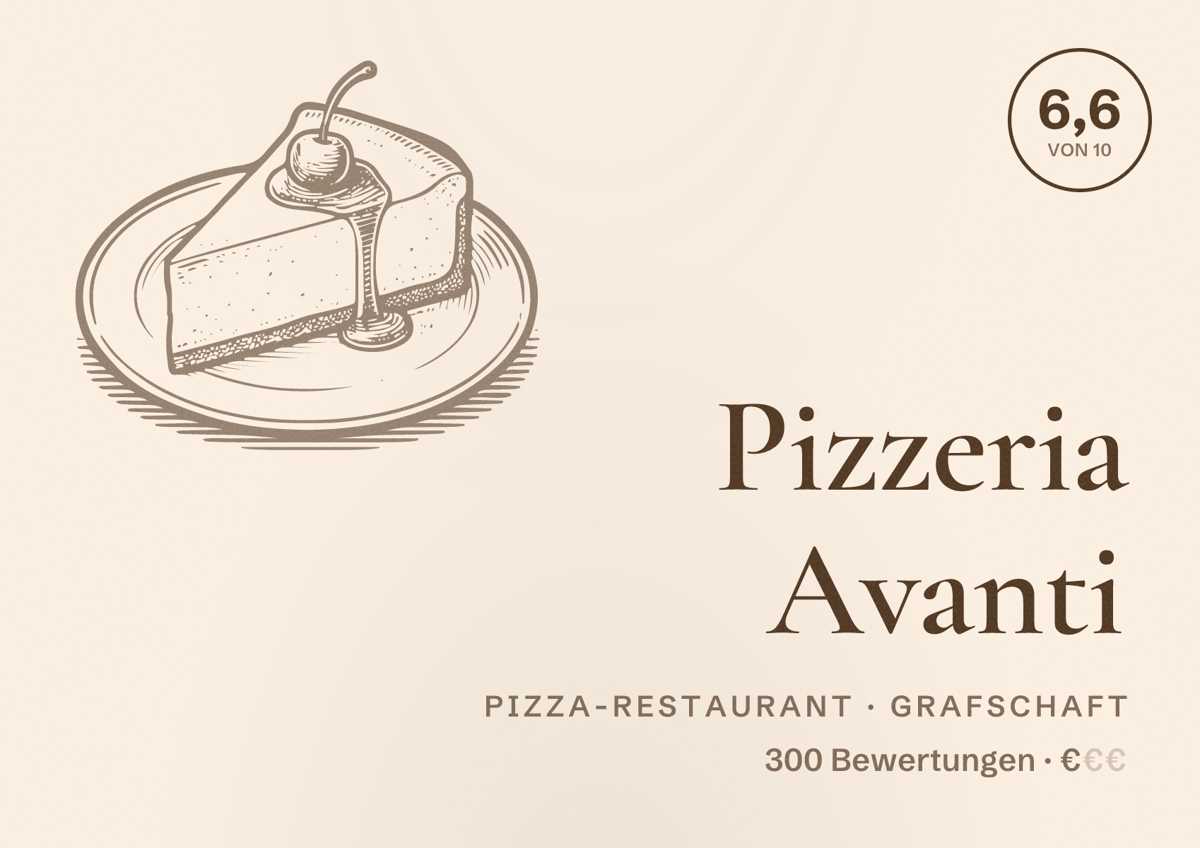 Illustriertes Poster von Pizzeria Avanti, Pizza-Restaurant in Grafschaft: Bewertung 6,6 von 10 aus 300 Bewertungen, Preisniveau €