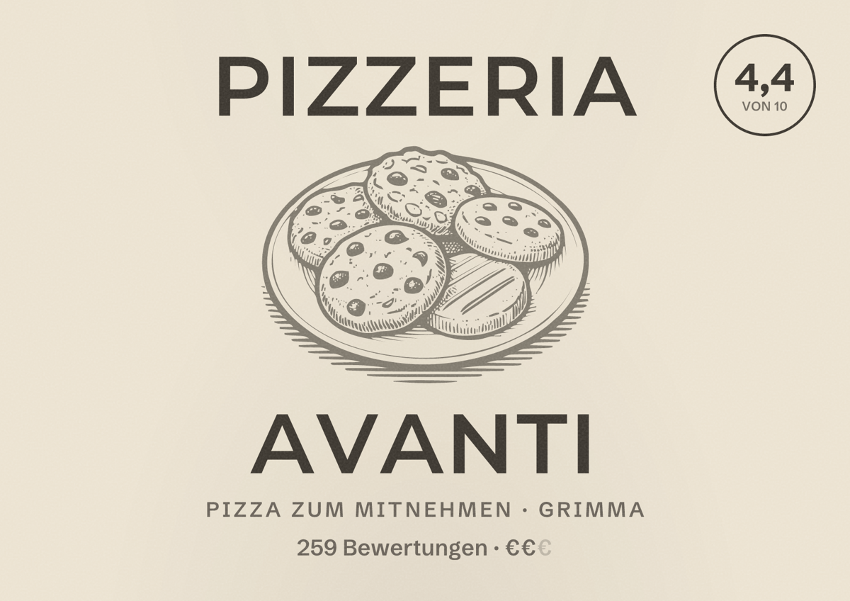 Illustriertes Poster von Pizzeria Avanti, Pizza zum Mitnehmen in Grimma: Bewertung 4,4 von 10 aus 259 Bewertungen, Preisniveau €€