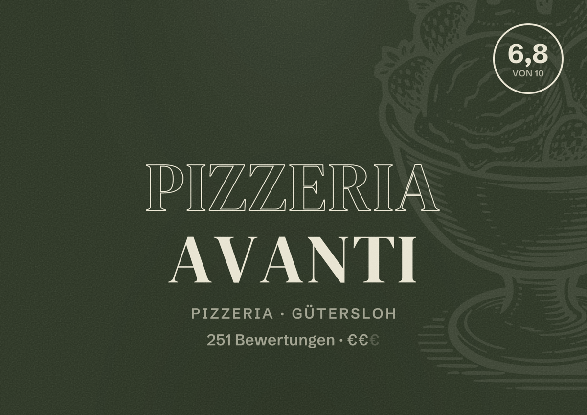 Illustriertes Poster von Pizzeria Avanti, Pizzeria in Gütersloh: Bewertung 6,8 von 10 aus 251 Bewertungen, Preisniveau €€
