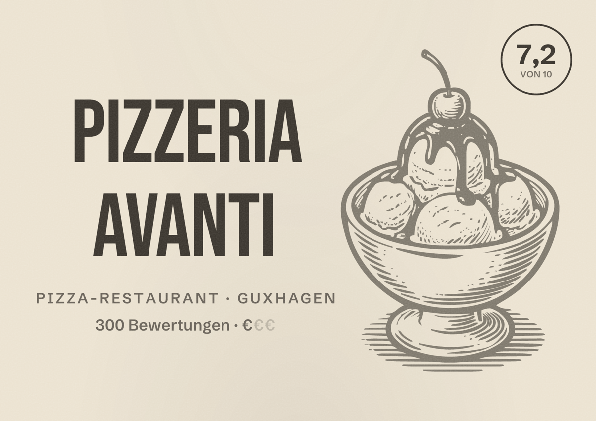 Illustriertes Poster von Pizzeria Avanti, Pizza-Restaurant in Guxhagen: Bewertung 7,2 von 10 aus 300 Bewertungen, Preisniveau €