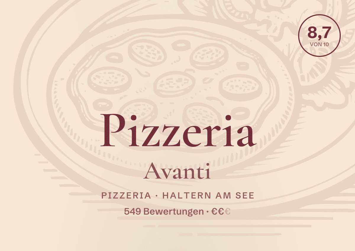 Illustriertes Poster von Pizzeria Avanti, Pizzeria in Haltern am See: Bewertung 8,7 von 10 aus 549 Bewertungen, Preisniveau €€