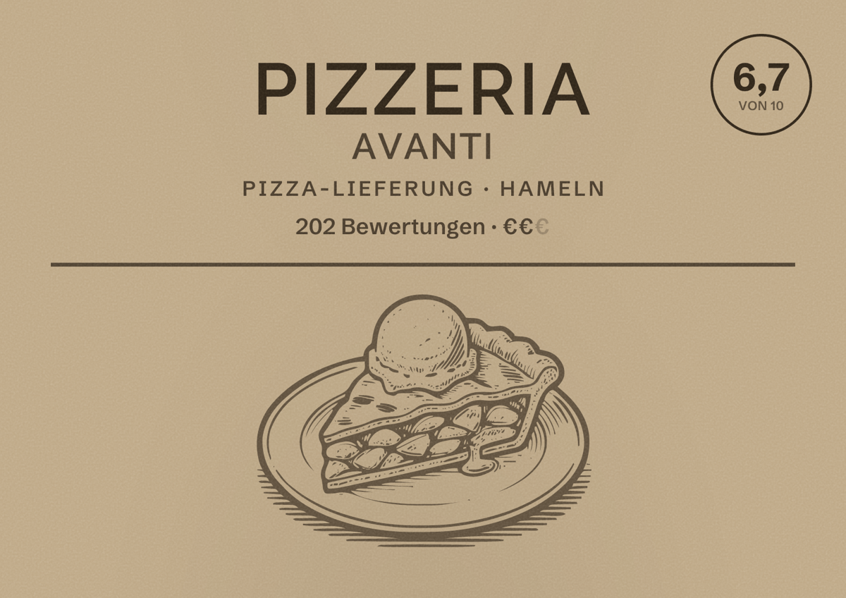 Illustriertes Poster von Pizzeria Avanti, Pizza-Lieferung in Hameln: Bewertung 6,7 von 10 aus 202 Bewertungen, Preisniveau €€