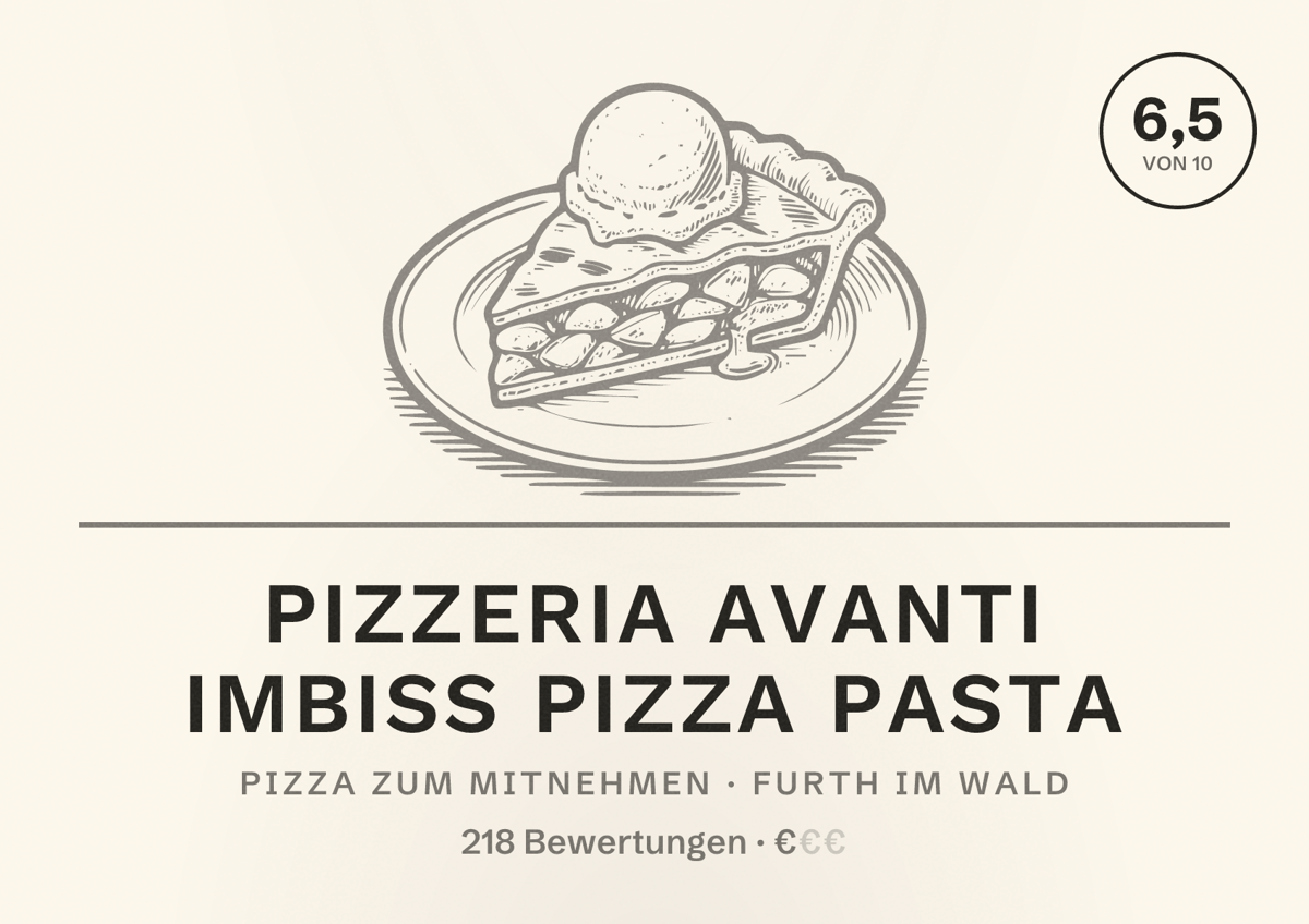 Illustriertes Poster von Pizzeria Avanti Imbiss Pizza Pasta, Pizza zum Mitnehmen in Furth im Wald: Bewertung 6,5 von 10 aus 218 Bewertungen, Preisniveau €