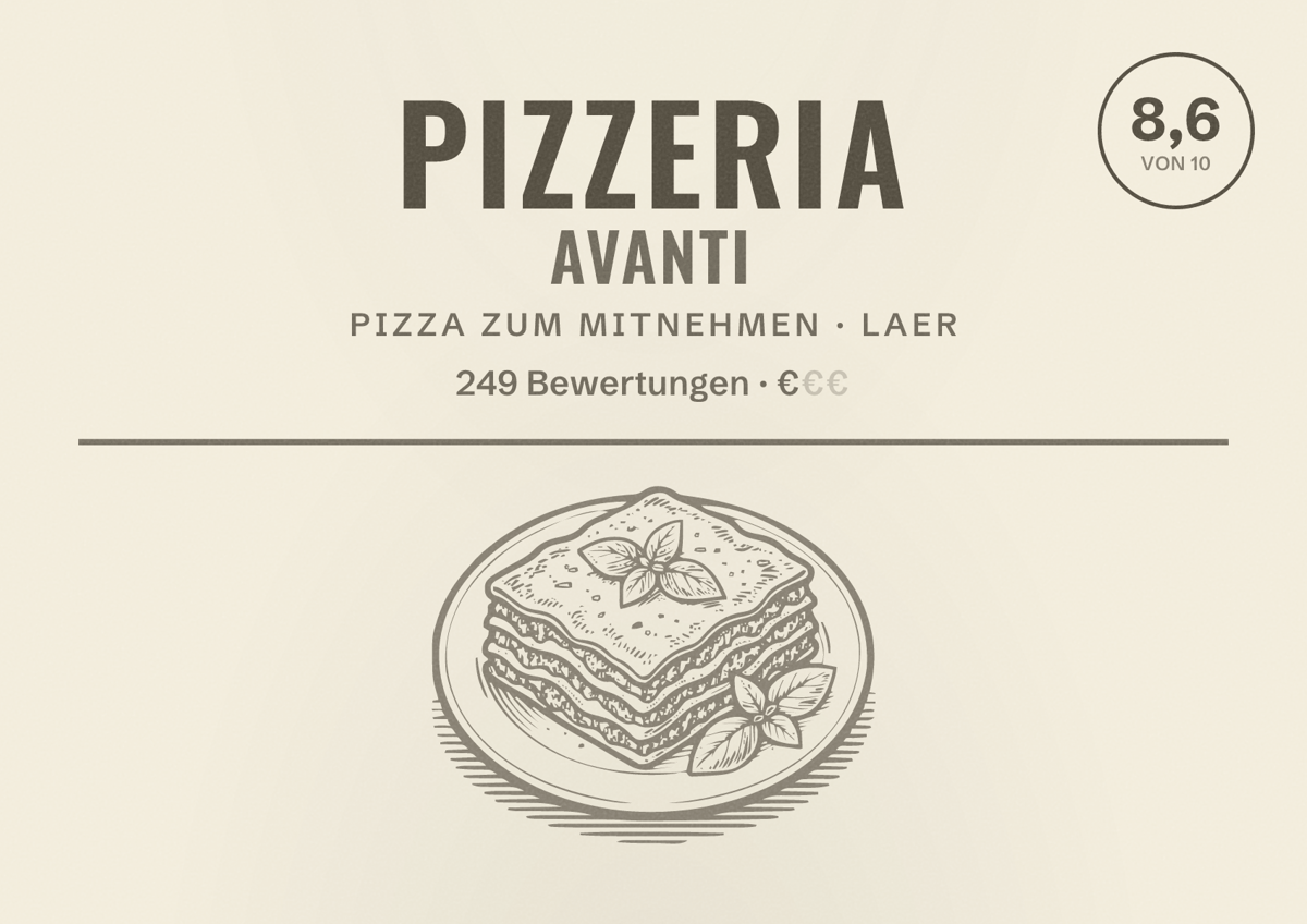 Illustriertes Poster von Pizzeria Avanti, Pizza zum Mitnehmen in Laer: Bewertung 8,6 von 10 aus 249 Bewertungen, Preisniveau €