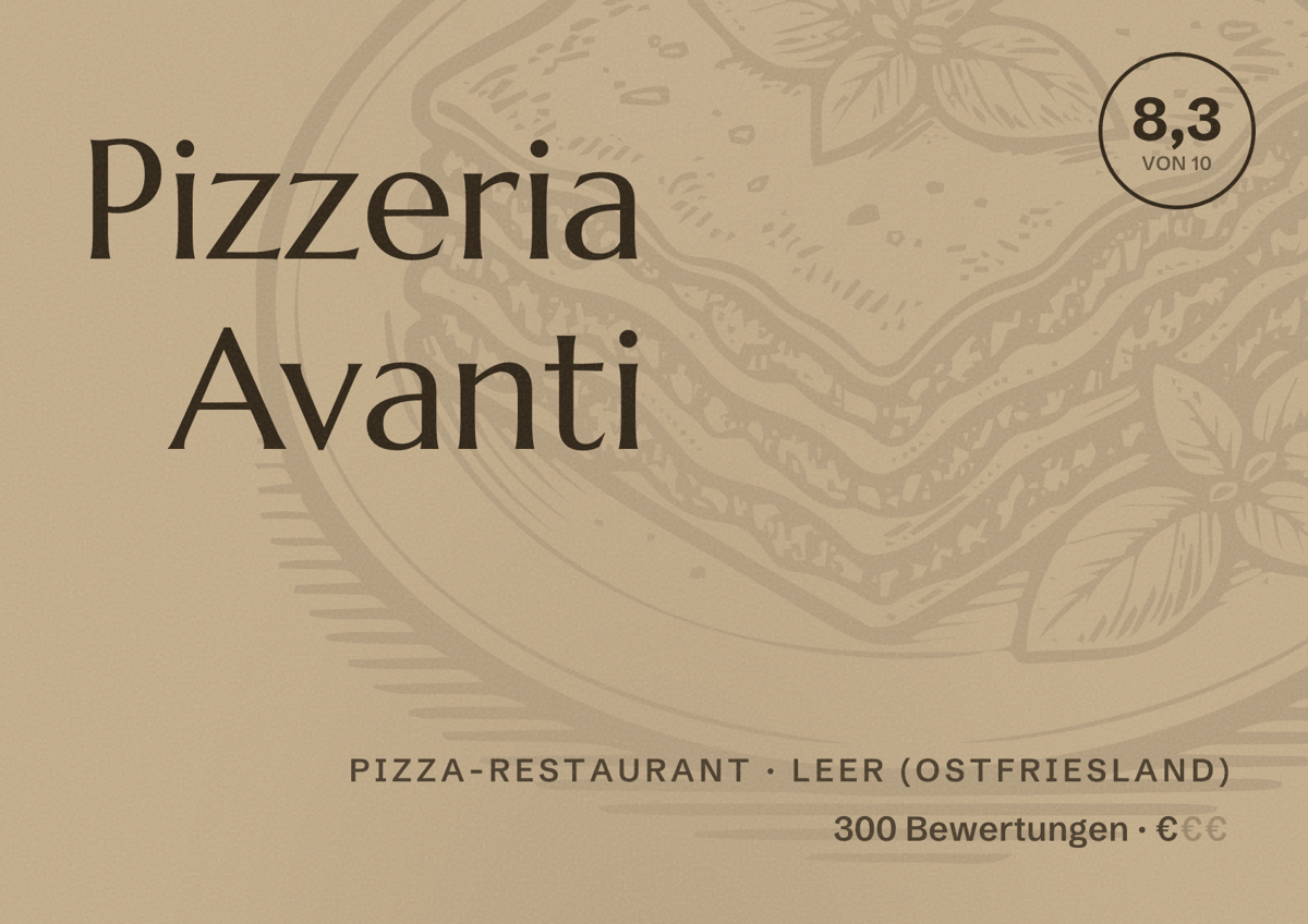Illustriertes Poster von Pizzeria Avanti, Pizza-Restaurant in Leer (Ostfriesland): Bewertung 8,3 von 10 aus 300 Bewertungen, Preisniveau €