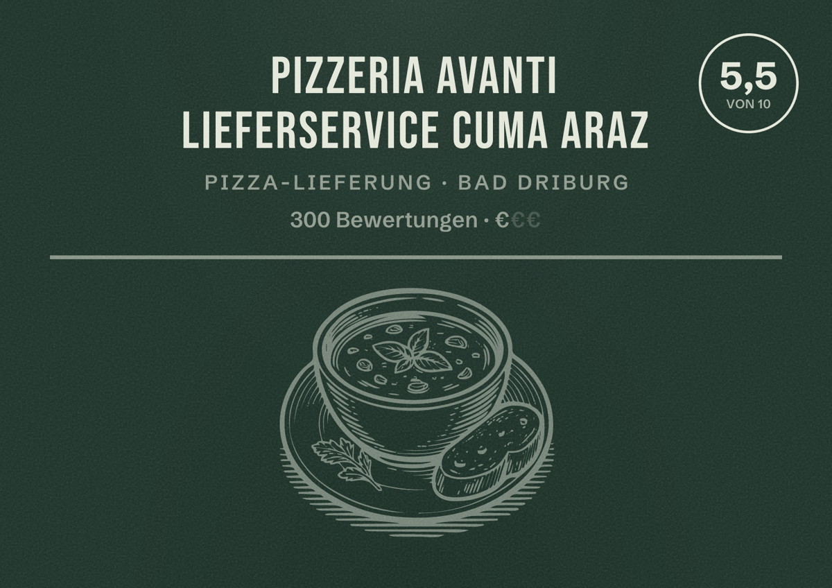 Illustriertes Poster von Pizzeria Avanti Lieferservice Cuma Araz, Pizza-Lieferung in Bad Driburg: Bewertung 5,5 von 10 aus 300 Bewertungen, Preisniveau €
