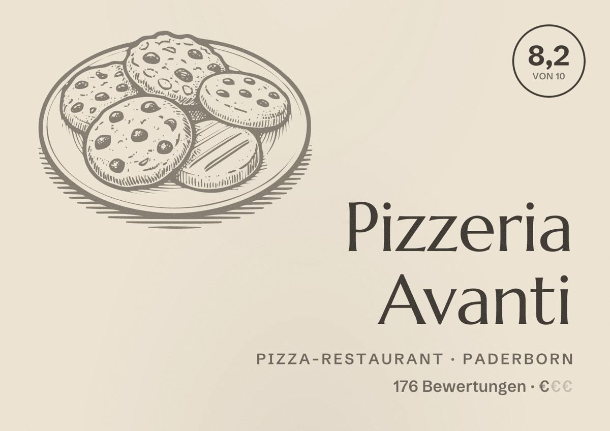 Illustriertes Poster von Pizzeria Avanti, Pizza-Restaurant in Paderborn: Bewertung 8,2 von 10 aus 176 Bewertungen, Preisniveau €