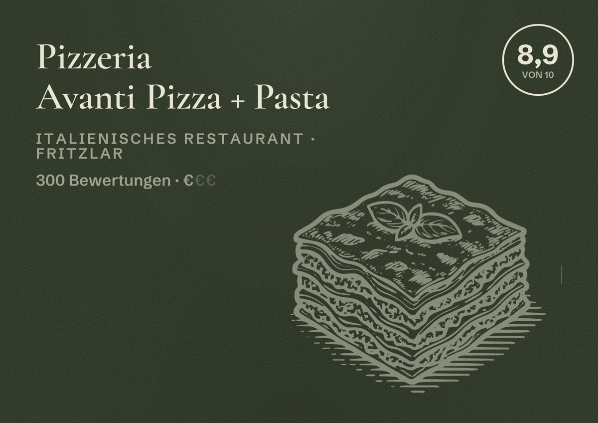 Illustriertes Poster von Pizzeria Avanti Pizza + Pasta, Italienisches Restaurant in Fritzlar: Bewertung 8,9 von 10 aus 300 Bewertungen, Preisniveau €