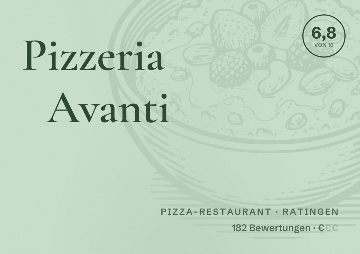 Illustriertes Poster von Pizzeria Avanti, Pizza-Restaurant in Ratingen: Bewertung 6,8 von 10 aus 182 Bewertungen, Preisniveau €