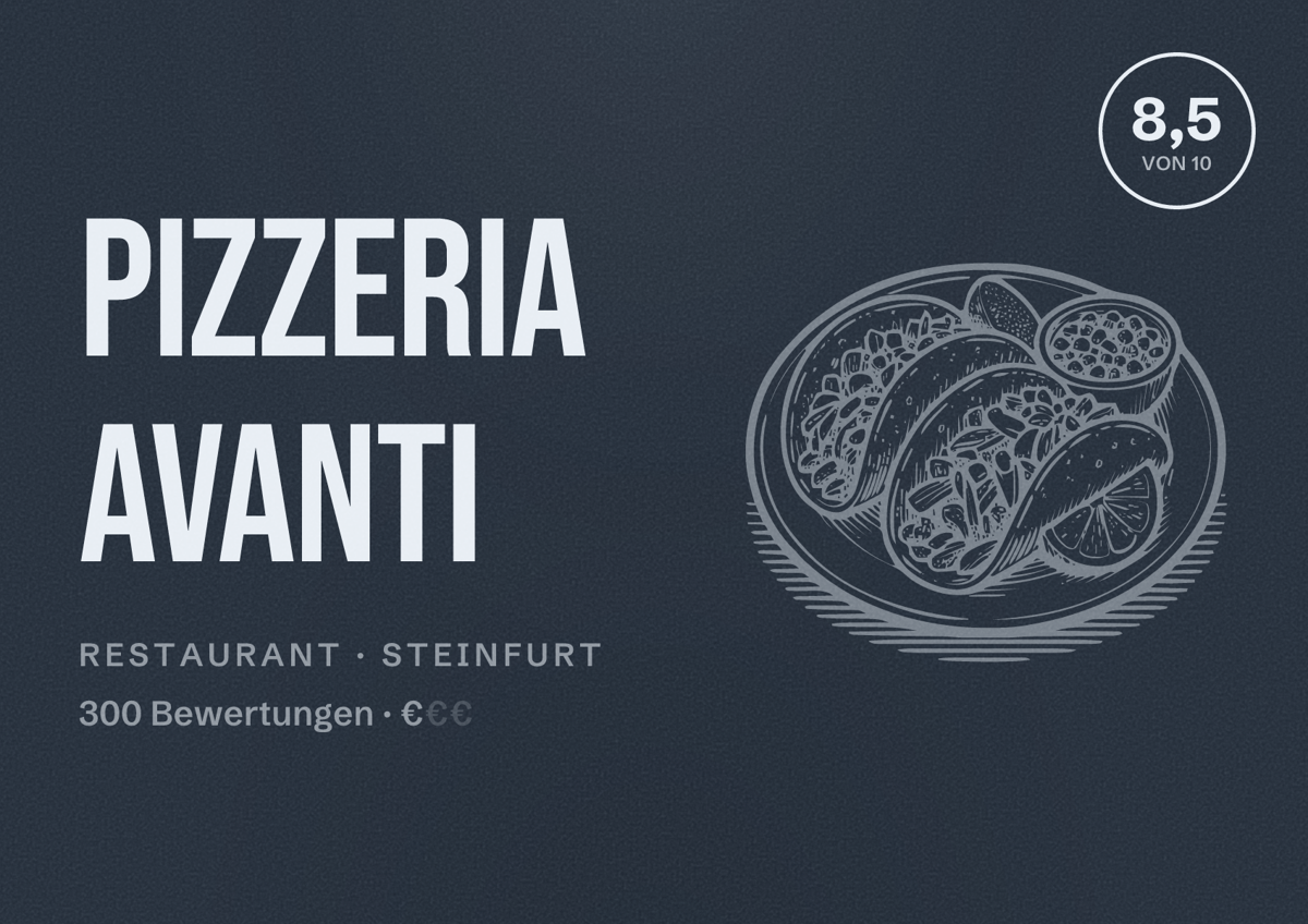 Illustriertes Poster von Pizzeria Avanti, Restaurant in Steinfurt: Bewertung 8,5 von 10 aus 300 Bewertungen, Preisniveau €