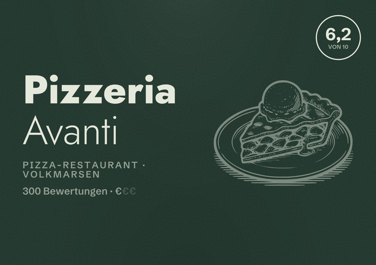 Illustriertes Poster von Pizzeria Avanti, Pizza-Restaurant in Volkmarsen: Bewertung 6,2 von 10 aus 300 Bewertungen, Preisniveau €