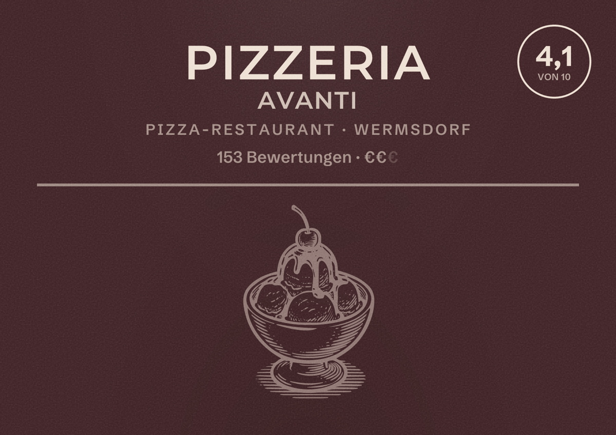 Illustriertes Poster von Pizzeria Avanti, Pizza-Restaurant in Wermsdorf: Bewertung 4,1 von 10 aus 153 Bewertungen, Preisniveau €€
