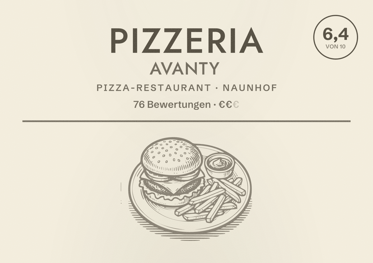 Illustriertes Poster von Pizzeria Avanty, Pizza-Restaurant in Naunhof: Bewertung 6,4 von 10 aus 76 Bewertungen, Preisniveau €€