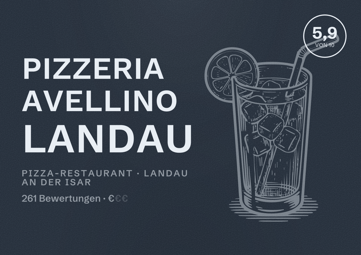 Illustriertes Poster von Pizzeria Avellino Landau, Pizza-Restaurant in Landau an der Isar: Bewertung 5,9 von 10 aus 261 Bewertungen, Preisniveau €