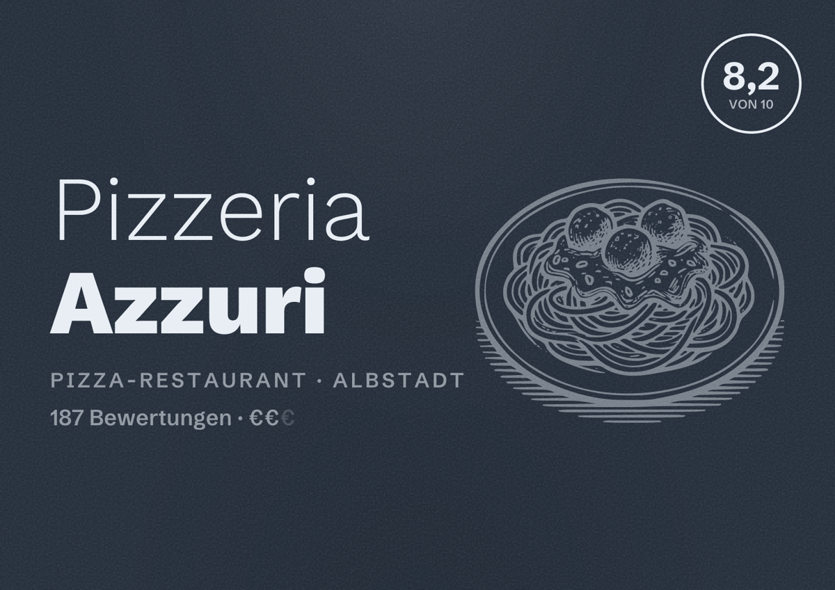 Illustriertes Poster von Pizzeria Azzuri, Pizza-Restaurant in Albstadt: Bewertung 8,2 von 10 aus 187 Bewertungen, Preisniveau €€