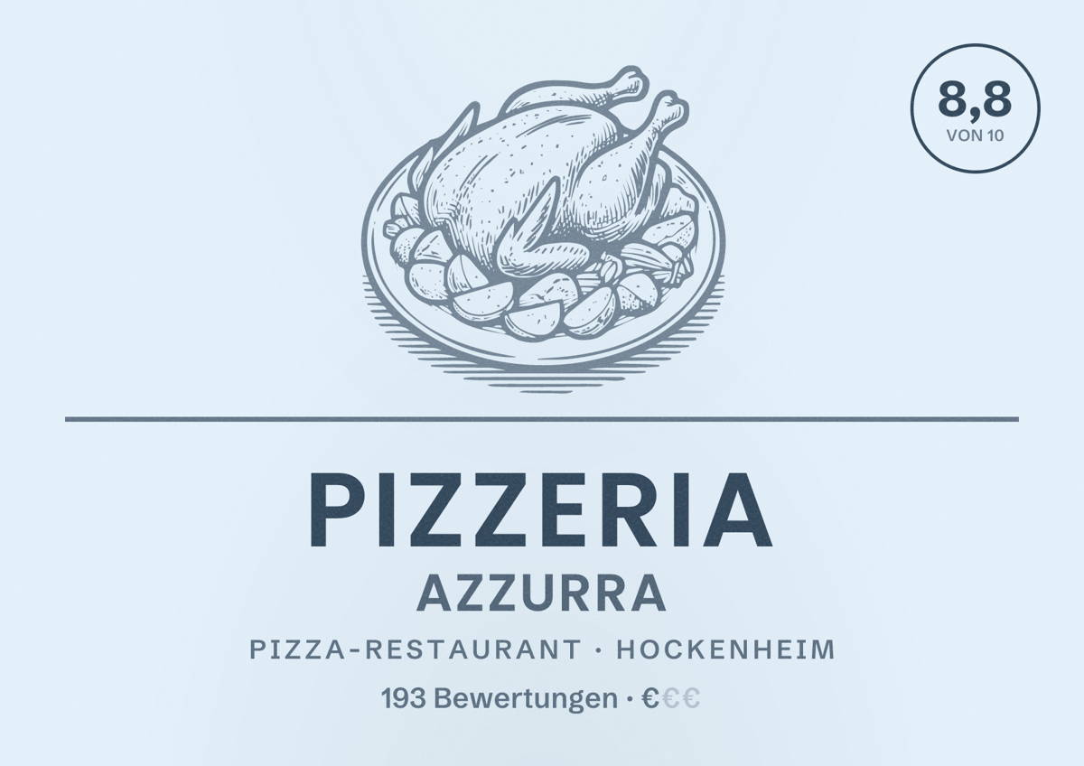 Illustriertes Poster von Pizzeria Azzurra, Pizza-Restaurant in Hockenheim: Bewertung 8,8 von 10 aus 193 Bewertungen, Preisniveau €
