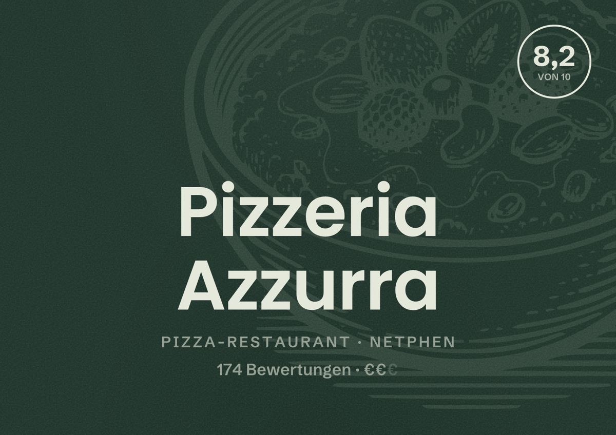 Illustriertes Poster von Pizzeria Azzurra, Pizza-Restaurant in Netphen: Bewertung 8,2 von 10 aus 174 Bewertungen, Preisniveau €€