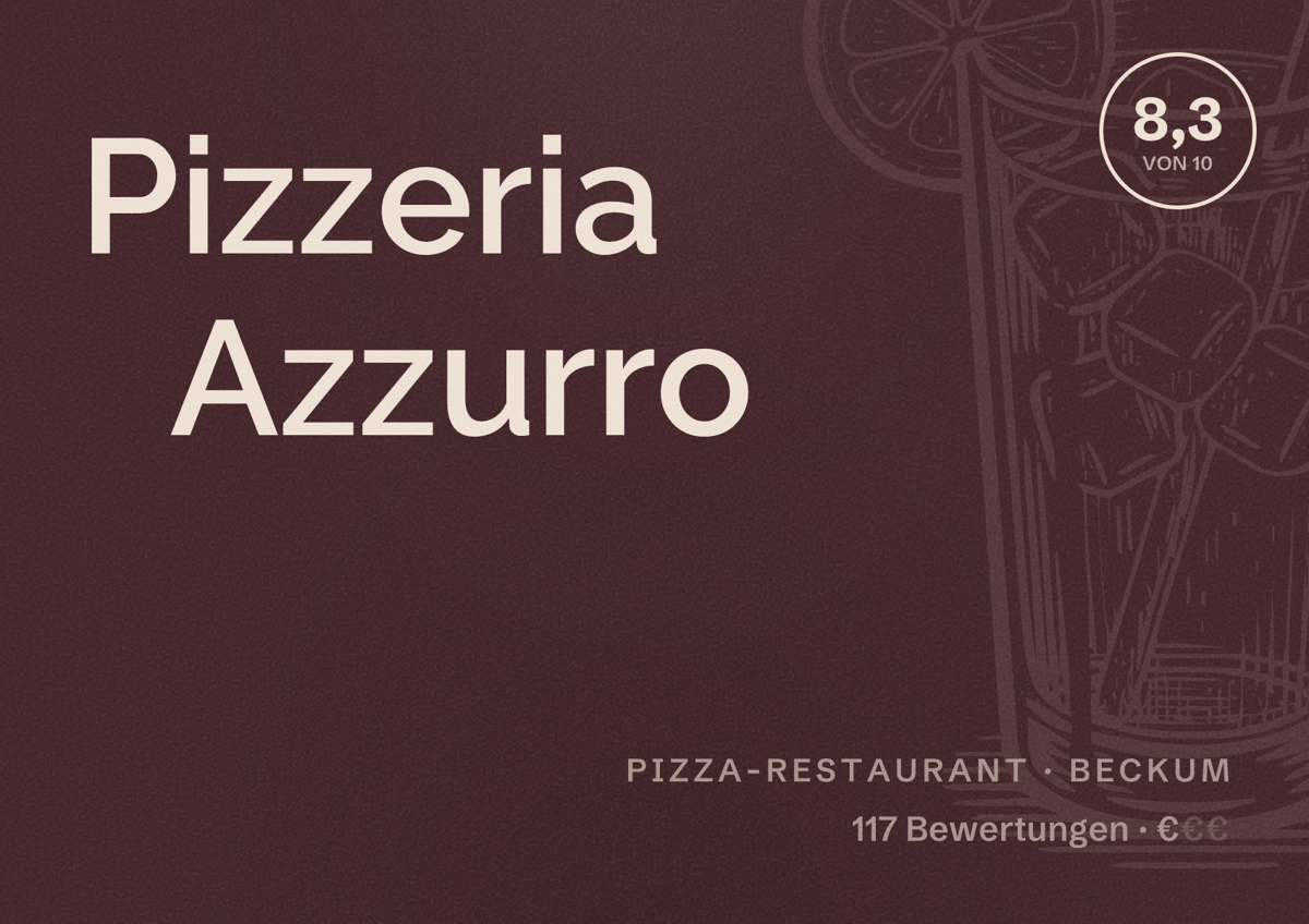 Illustriertes Poster von Pizzeria Azzurro, Pizza-Restaurant in Beckum: Bewertung 8,3 von 10 aus 117 Bewertungen, Preisniveau €