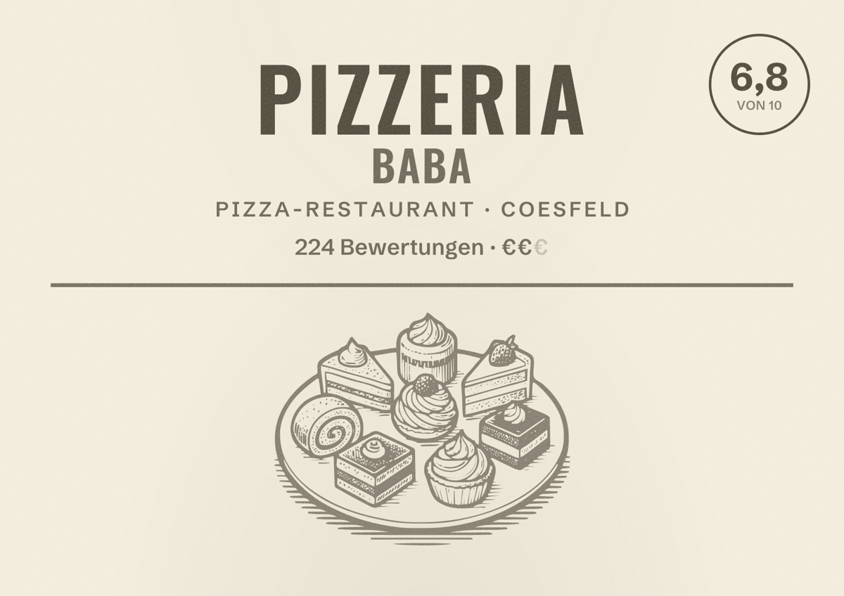 Illustriertes Poster von Pizzeria Baba, Pizza-Restaurant in Coesfeld: Bewertung 6,8 von 10 aus 224 Bewertungen, Preisniveau €€