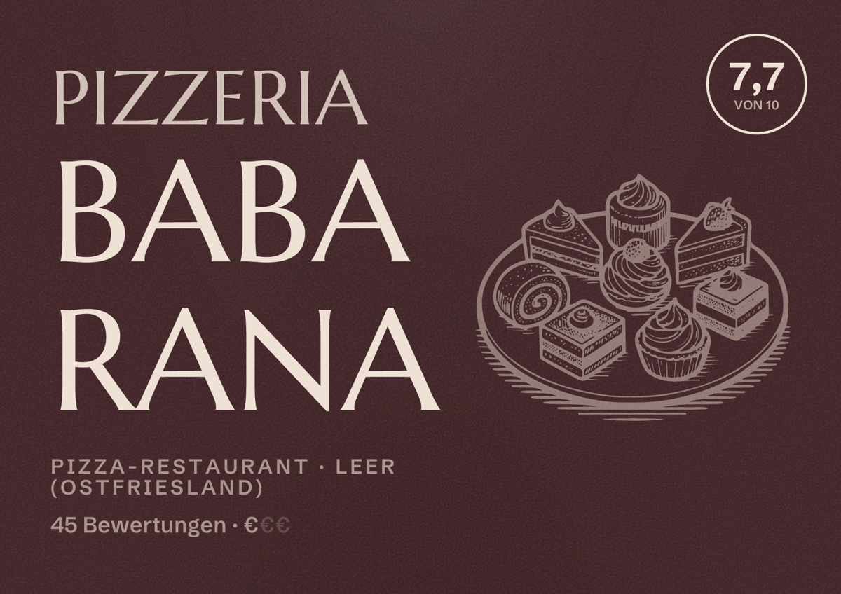 Illustriertes Poster von Pizzeria Baba rana, Pizza-Restaurant in Leer (Ostfriesland): Bewertung 7,7 von 10 aus 45 Bewertungen, Preisniveau €