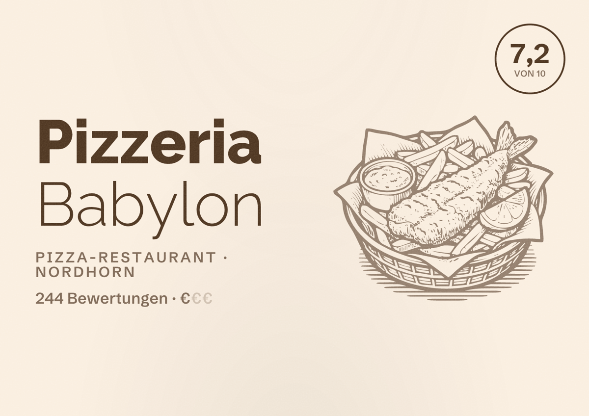Illustriertes Poster von Pizzeria Babylon, Pizza-Restaurant in Nordhorn: Bewertung 7,2 von 10 aus 244 Bewertungen, Preisniveau €