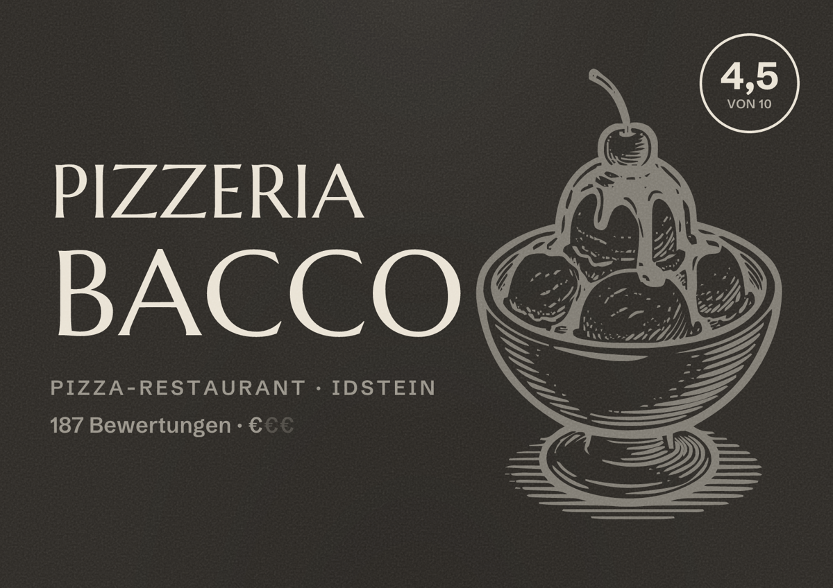 Illustriertes Poster von Pizzeria Bacco, Pizza-Restaurant in Idstein: Bewertung 4,5 von 10 aus 187 Bewertungen, Preisniveau €