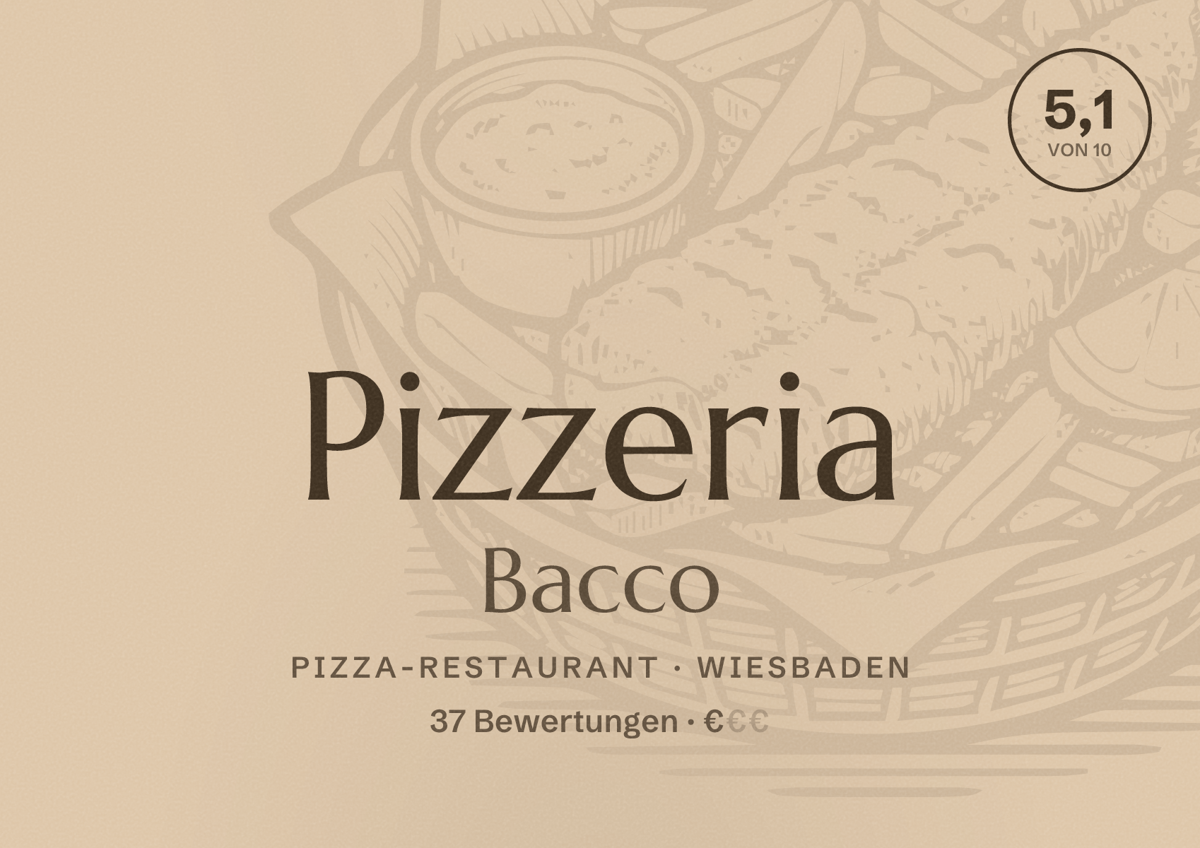 Illustriertes Poster von Pizzeria Bacco, Pizza-Restaurant in Wiesbaden: Bewertung 5,1 von 10 aus 37 Bewertungen, Preisniveau €