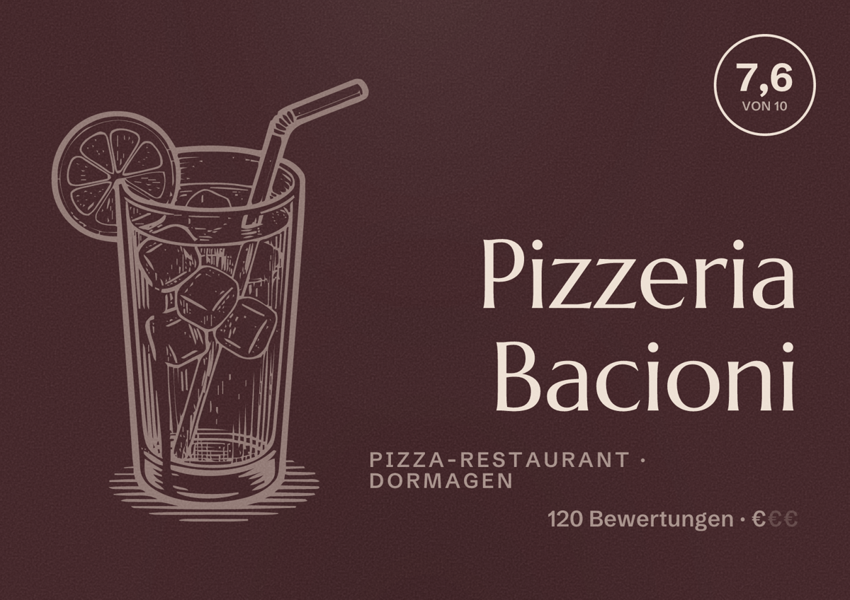 Illustriertes Poster von Pizzeria Bacioni, Pizza-Restaurant in Dormagen: Bewertung 7,6 von 10 aus 120 Bewertungen, Preisniveau €