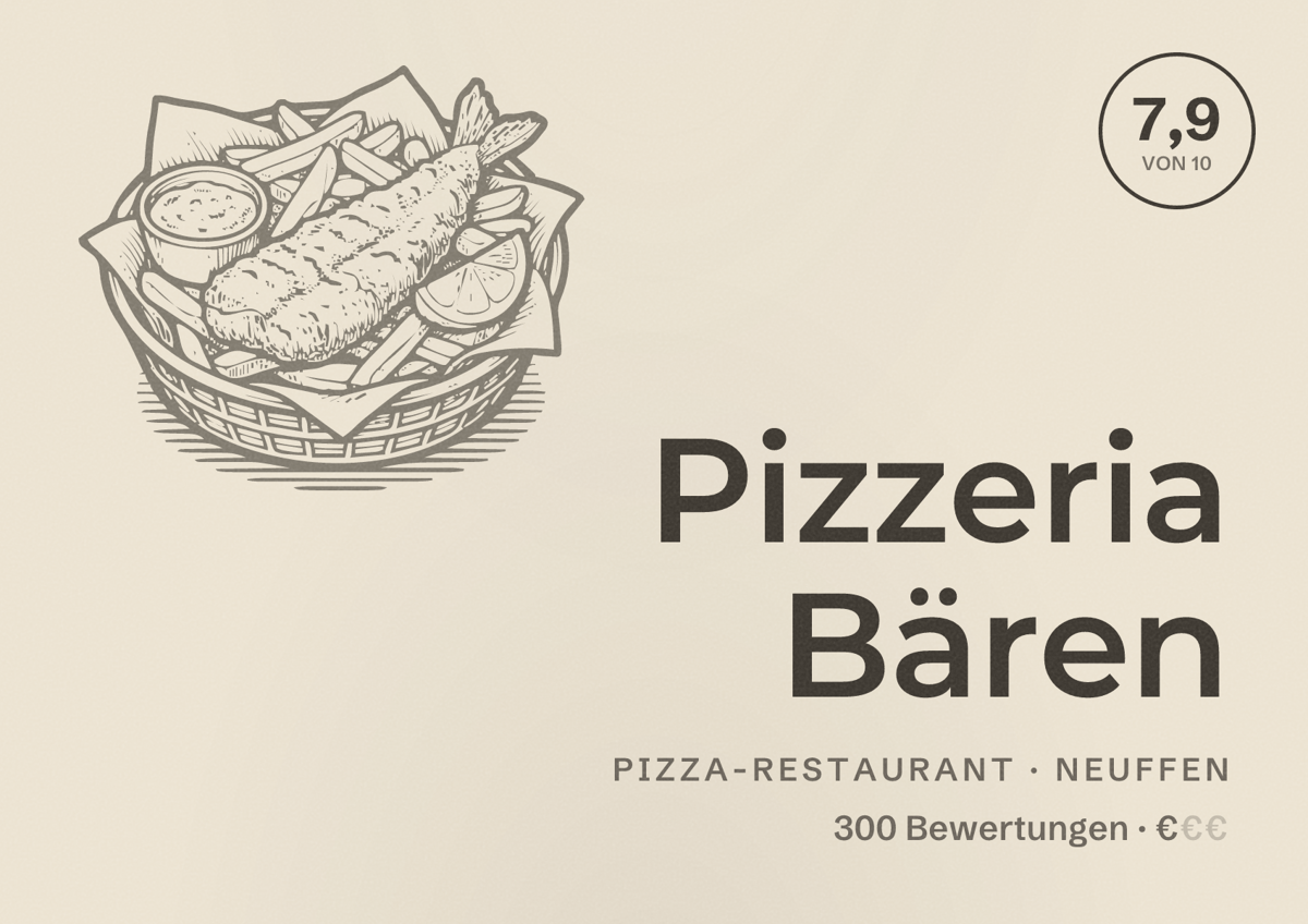 Illustriertes Poster von Pizzeria Bären, Pizza-Restaurant in Neuffen: Bewertung 7,9 von 10 aus 300 Bewertungen, Preisniveau €