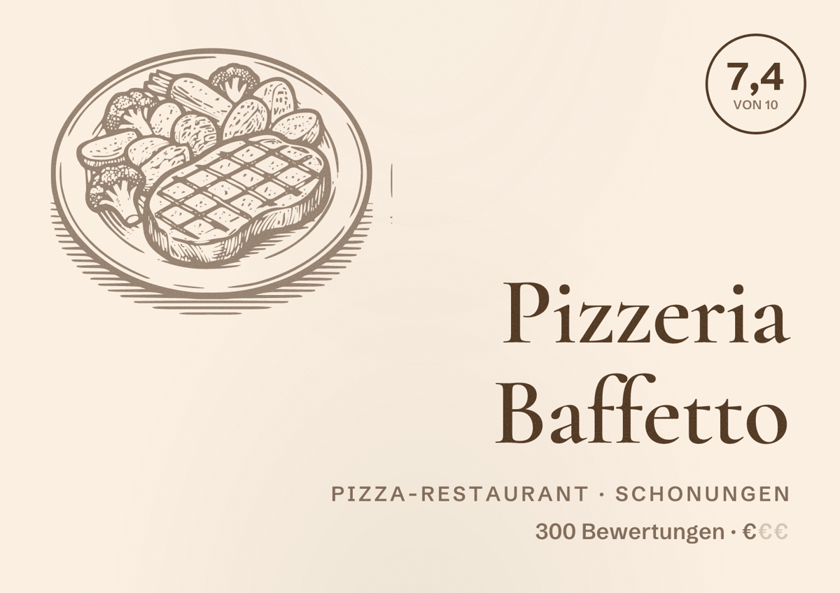 Illustriertes Poster von Pizzeria Baffetto, Pizza-Restaurant in Schonungen: Bewertung 7,4 von 10 aus 300 Bewertungen, Preisniveau €