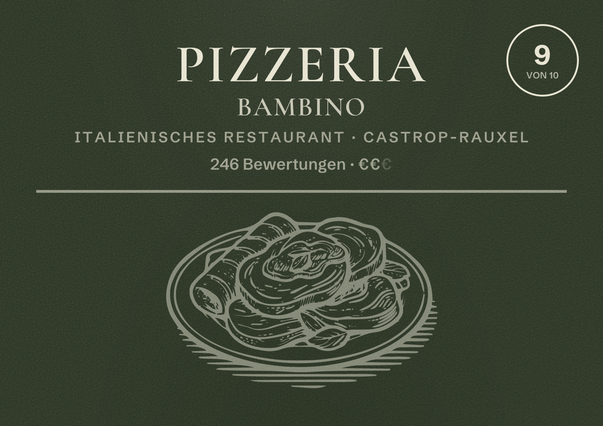 Illustriertes Poster von Pizzeria Bambino, Italienisches Restaurant in Castrop-Rauxel: Bewertung 9,0 von 10 aus 246 Bewertungen, Preisniveau €€