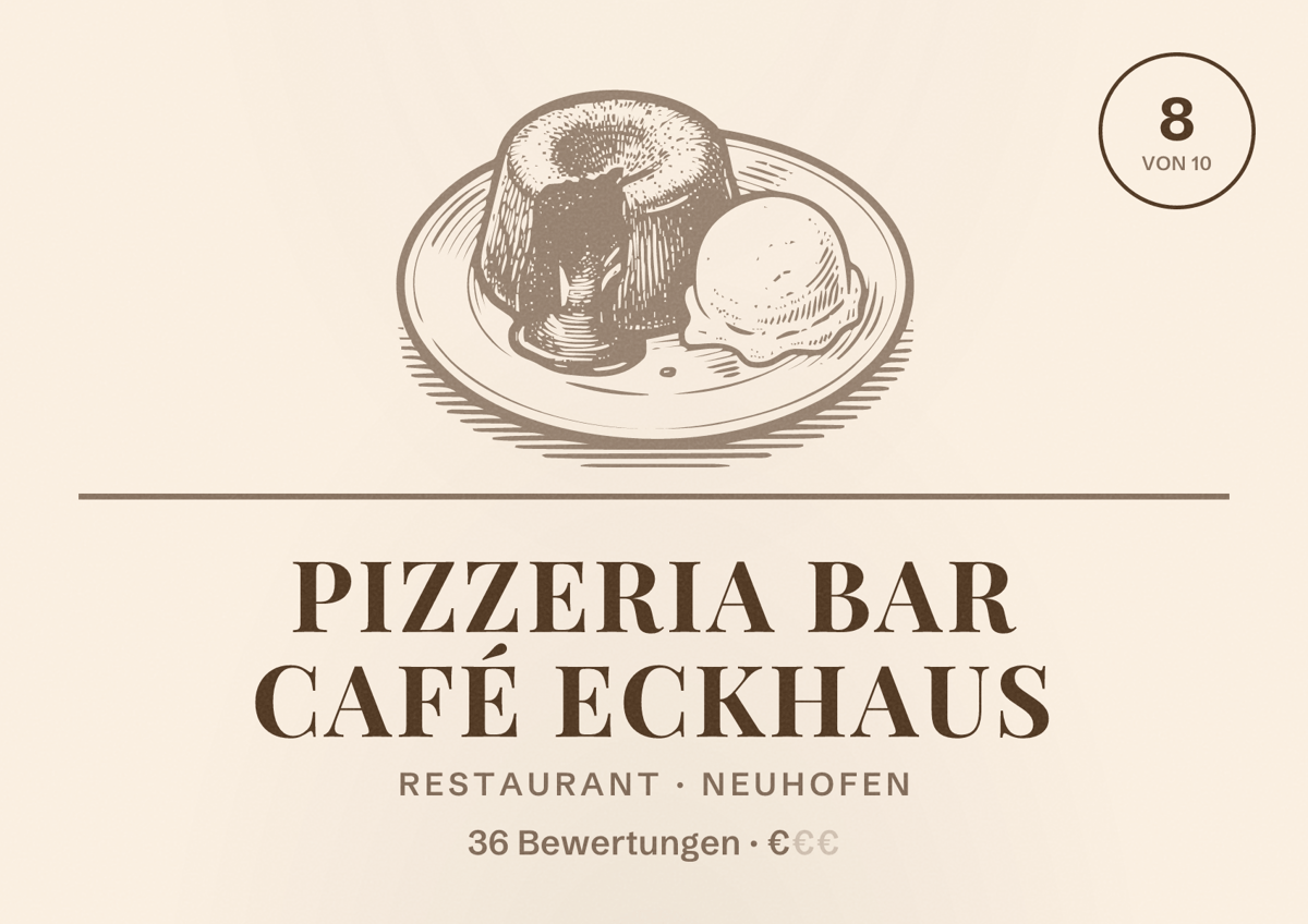 Illustriertes Poster von Pizzeria Bar Café Eckhaus, Restaurant in Neuhofen: Bewertung 8 von 10 aus 36 Bewertungen, Preisniveau €