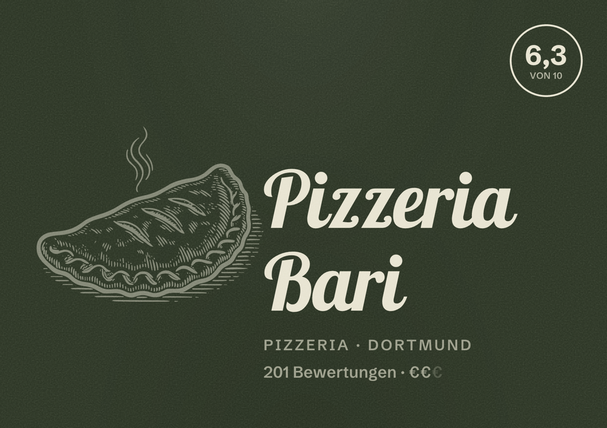 Illustriertes Poster von Pizzeria Bari, Pizzeria in Dortmund: Bewertung 6,3 von 10 aus 201 Bewertungen, Preisniveau €€