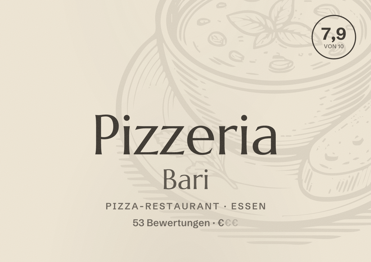 Illustriertes Poster von Pizzeria Bari, Pizza-Restaurant in Essen: Bewertung 7,9 von 10 aus 53 Bewertungen, Preisniveau €