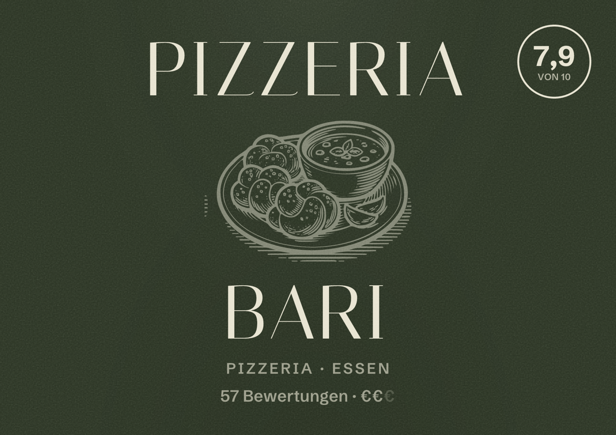 Illustriertes Poster von Pizzeria Bari, Pizzeria in Essen: Bewertung 7,9 von 10 aus 57 Bewertungen, Preisniveau €€
