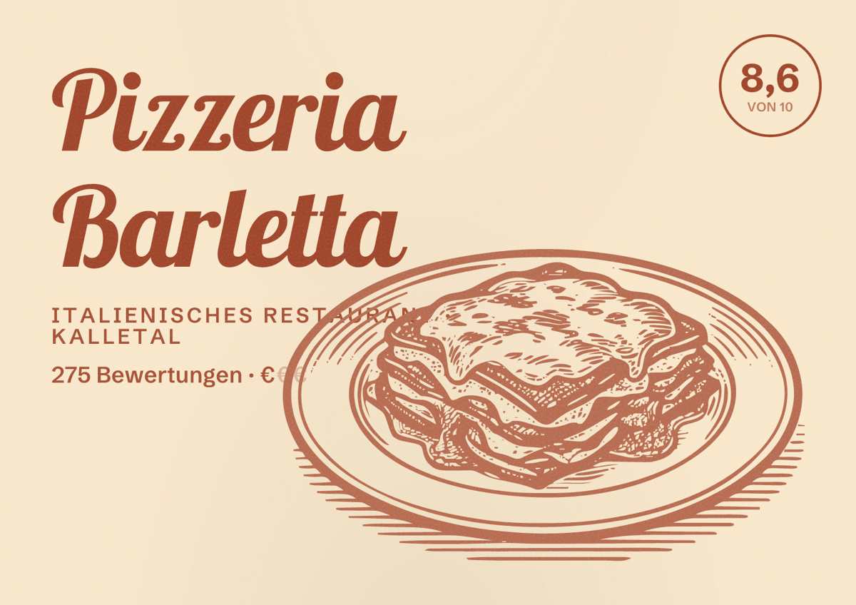 Illustriertes Poster von Pizzeria Barletta, Italienisches Restaurant in Kalletal: Bewertung 8,6 von 10 aus 275 Bewertungen, Preisniveau €
