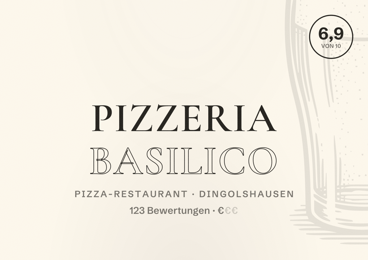 Illustriertes Poster von Pizzeria Basilico, Pizza-Restaurant in Dingolshausen: Bewertung 6,9 von 10 aus 123 Bewertungen, Preisniveau €