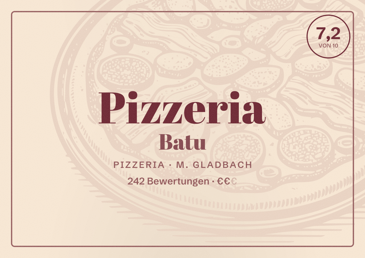 Illustriertes Poster von Pizzeria Batu, Pizzeria in M. Gladbach: Bewertung 7,2 von 10 aus 242 Bewertungen, Preisniveau €€