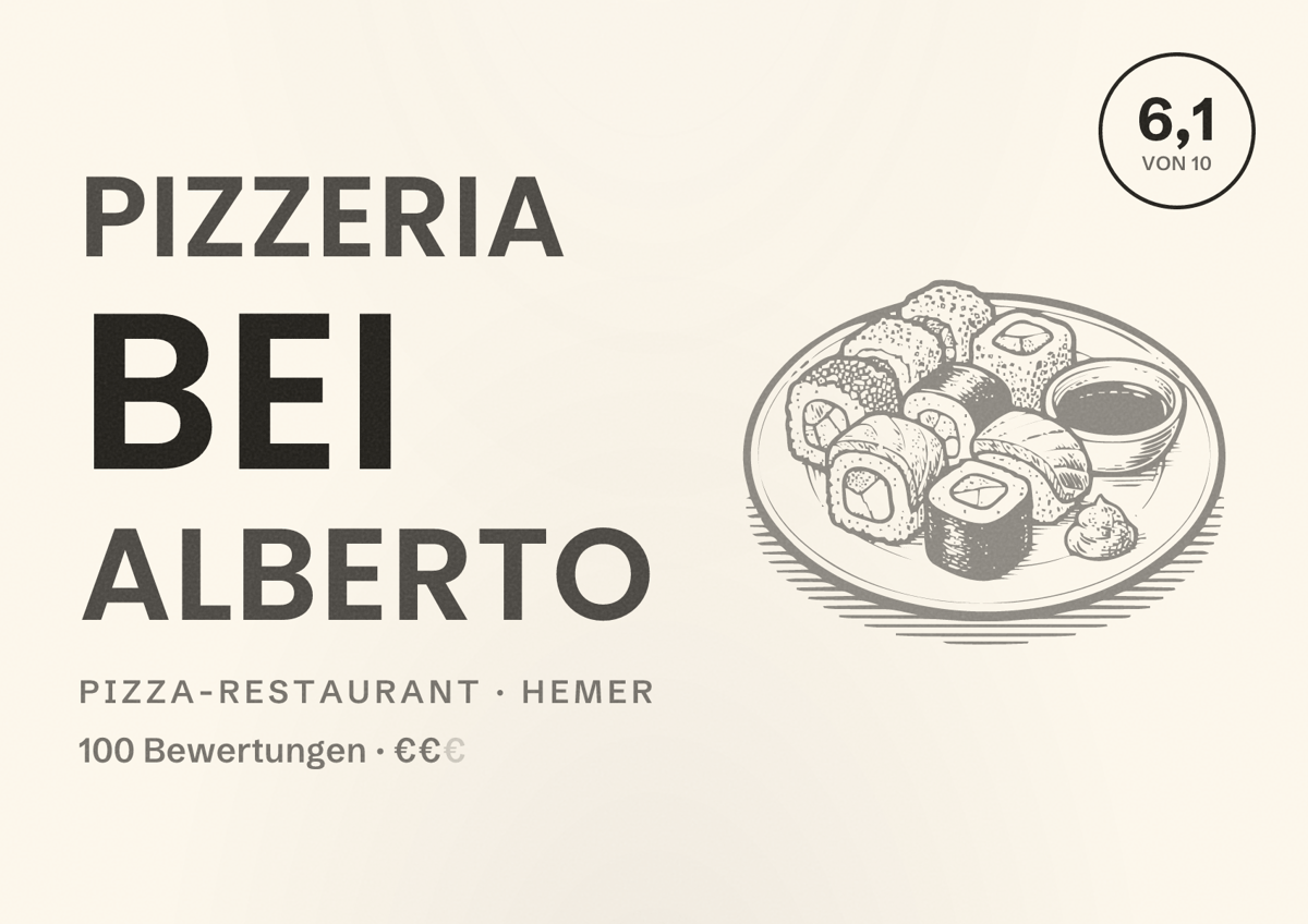 Illustriertes Poster von Pizzeria Bei Alberto, Pizza-Restaurant in Hemer: Bewertung 6,1 von 10 aus 100 Bewertungen, Preisniveau €€