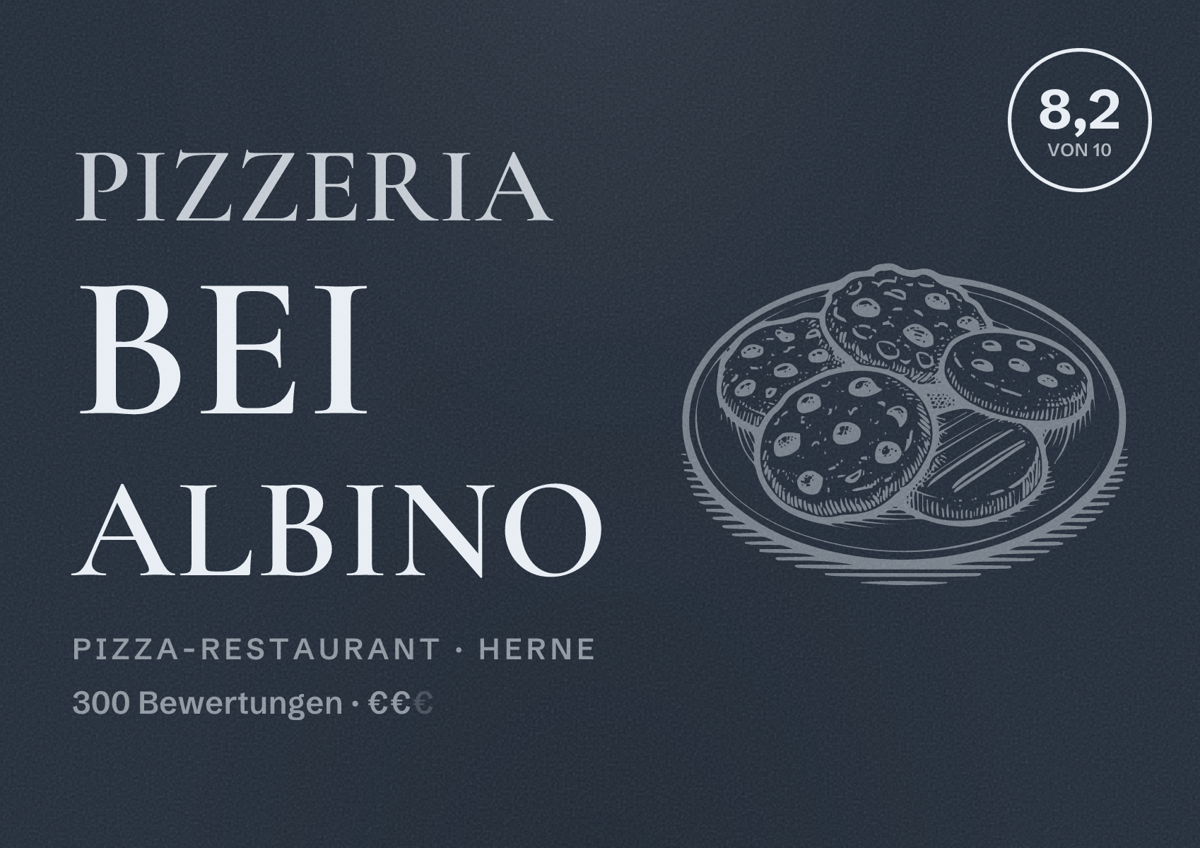 Illustriertes Poster von Pizzeria bei Albino, Pizza-Restaurant in Herne: Bewertung 8,2 von 10 aus 300 Bewertungen, Preisniveau €€