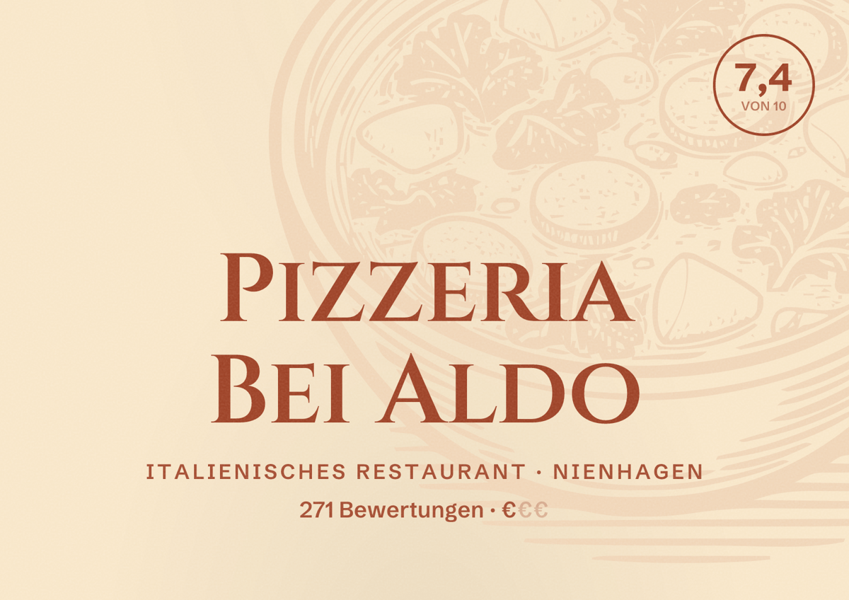 Illustriertes Poster von Pizzeria Bei Aldo, Italienisches Restaurant in Nienhagen: Bewertung 7,4 von 10 aus 271 Bewertungen, Preisniveau €