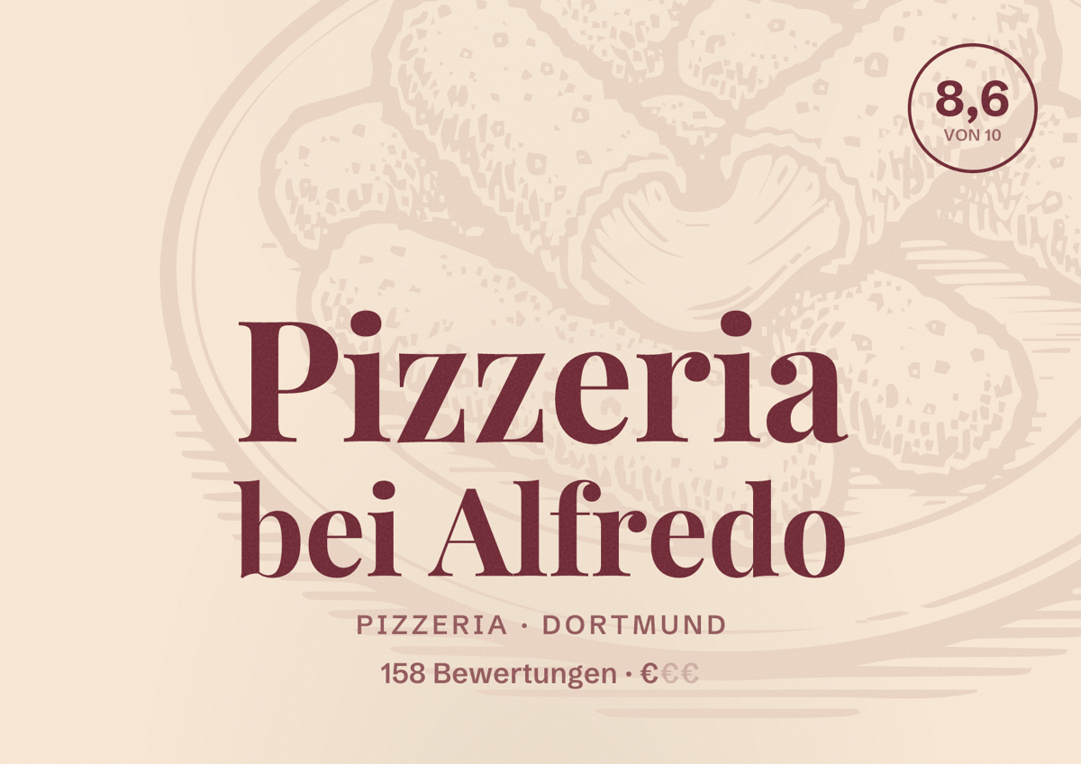 Illustriertes Poster von Pizzeria bei Alfredo, Pizzeria in Dortmund: Gästebewertung 8,6 von 10 aus 158 Bewertungen