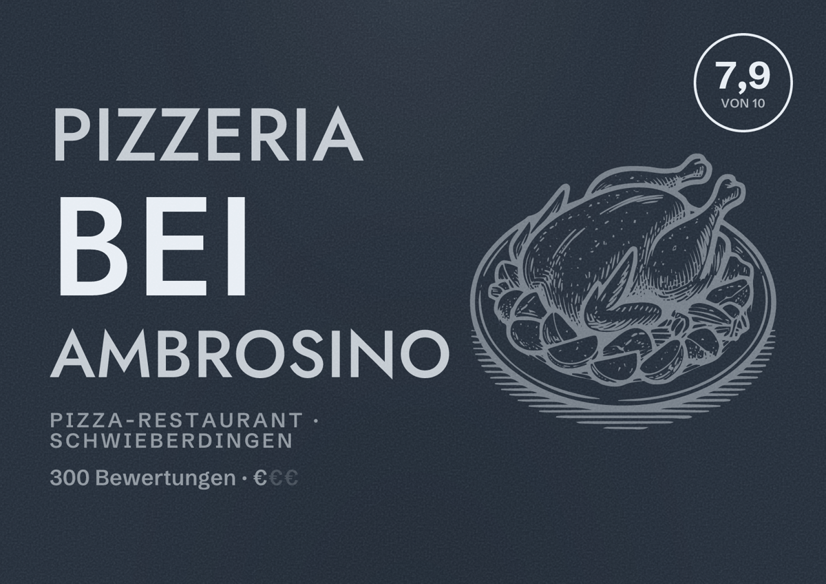 Illustriertes Poster von Pizzeria bei Ambrosino, Pizza-Restaurant in Schwieberdingen: Bewertung 7,9 von 10 aus 300 Bewertungen, Preisniveau €