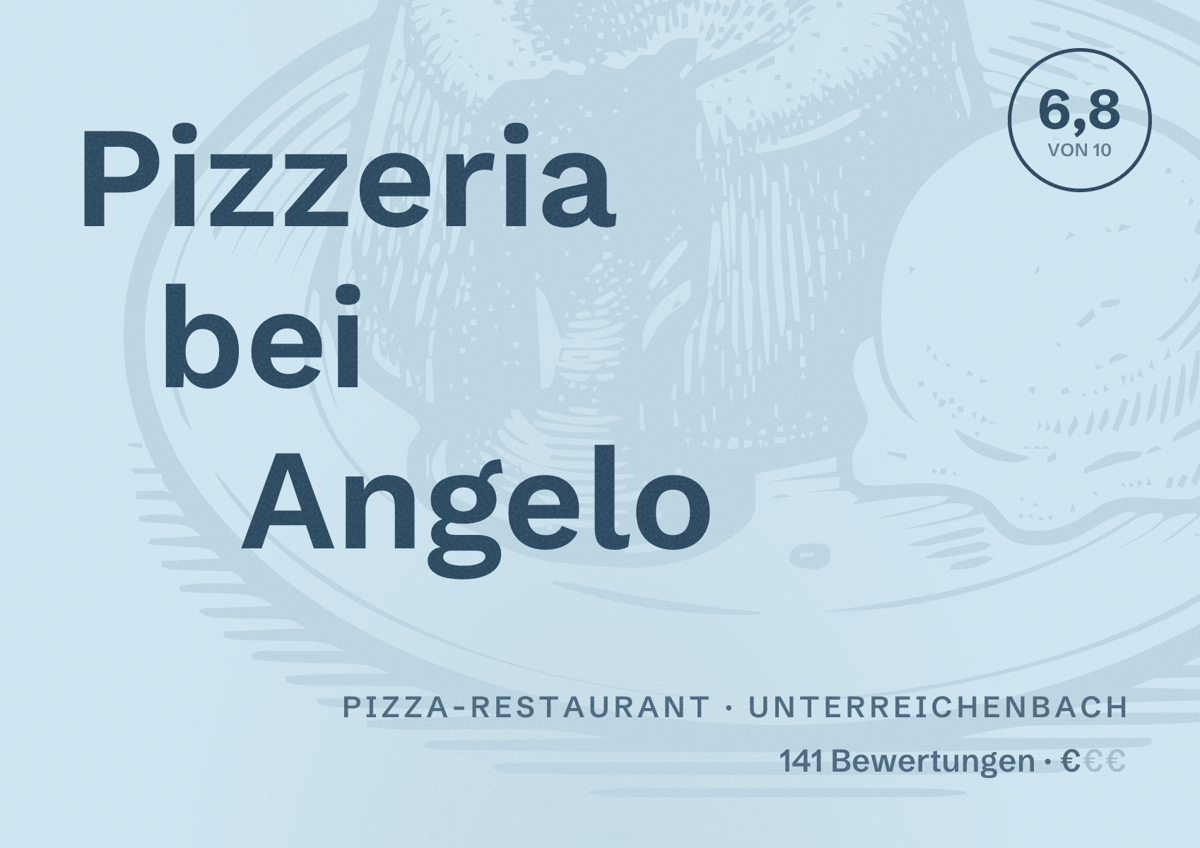 Illustriertes Poster von Pizzeria bei Angelo, Pizza-Restaurant in Unterreichenbach: Bewertung 6,8 von 10 aus 141 Bewertungen, Preisniveau €