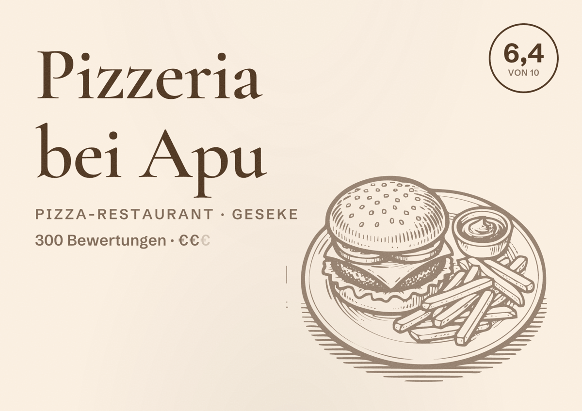 Illustriertes Poster von Pizzeria bei Apu, Pizza-Restaurant in Geseke: Bewertung 6,4 von 10 aus 300 Bewertungen, Preisniveau €€