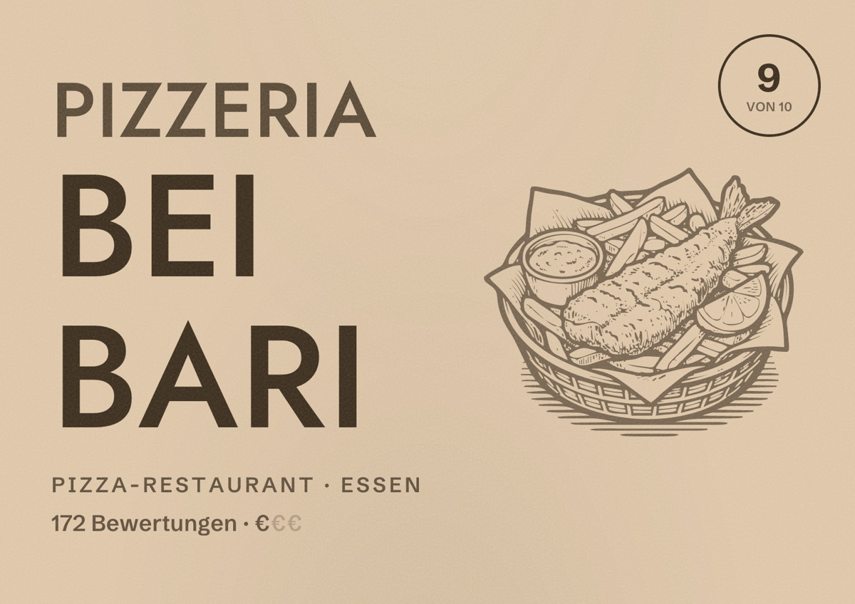 Illustriertes Poster von Pizzeria bei Bari, Pizza-Restaurant in Essen: Bewertung 9 von 10 aus 172 Bewertungen, Preisniveau €