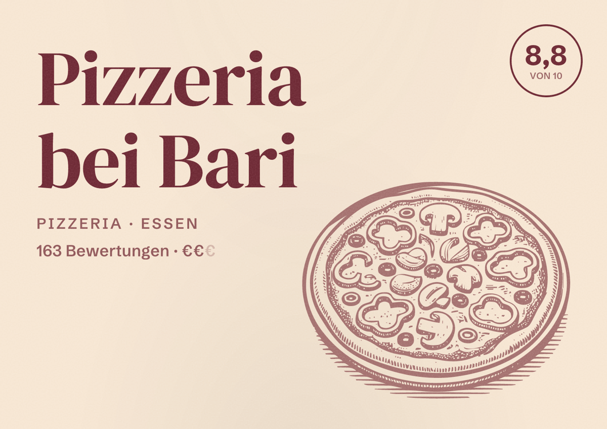 Illustriertes Poster von Pizzeria bei Bari, Pizzeria in Essen: Bewertung 8,8 von 10 aus 163 Bewertungen, Preisniveau €€
