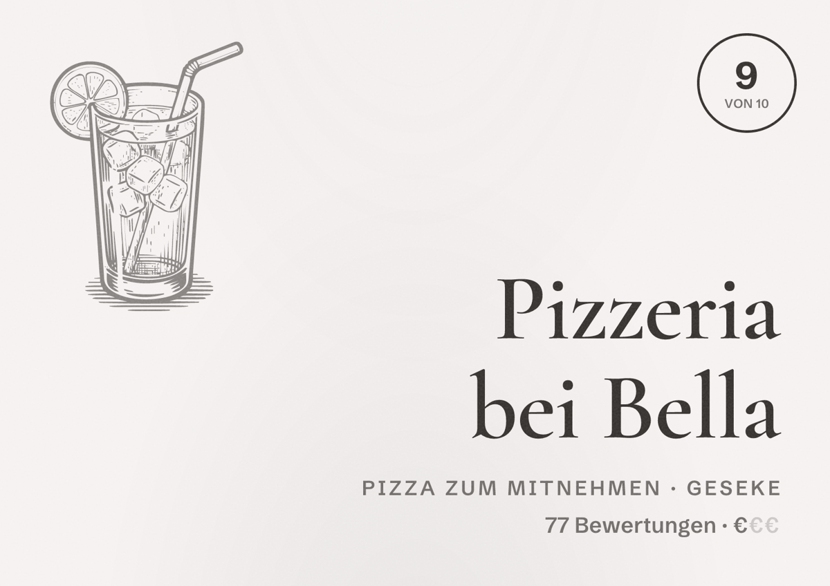 Illustriertes Poster von Pizzeria bei Bella, Pizza zum Mitnehmen in Geseke: Bewertung 9 von 10 aus 77 Bewertungen, Preisniveau €