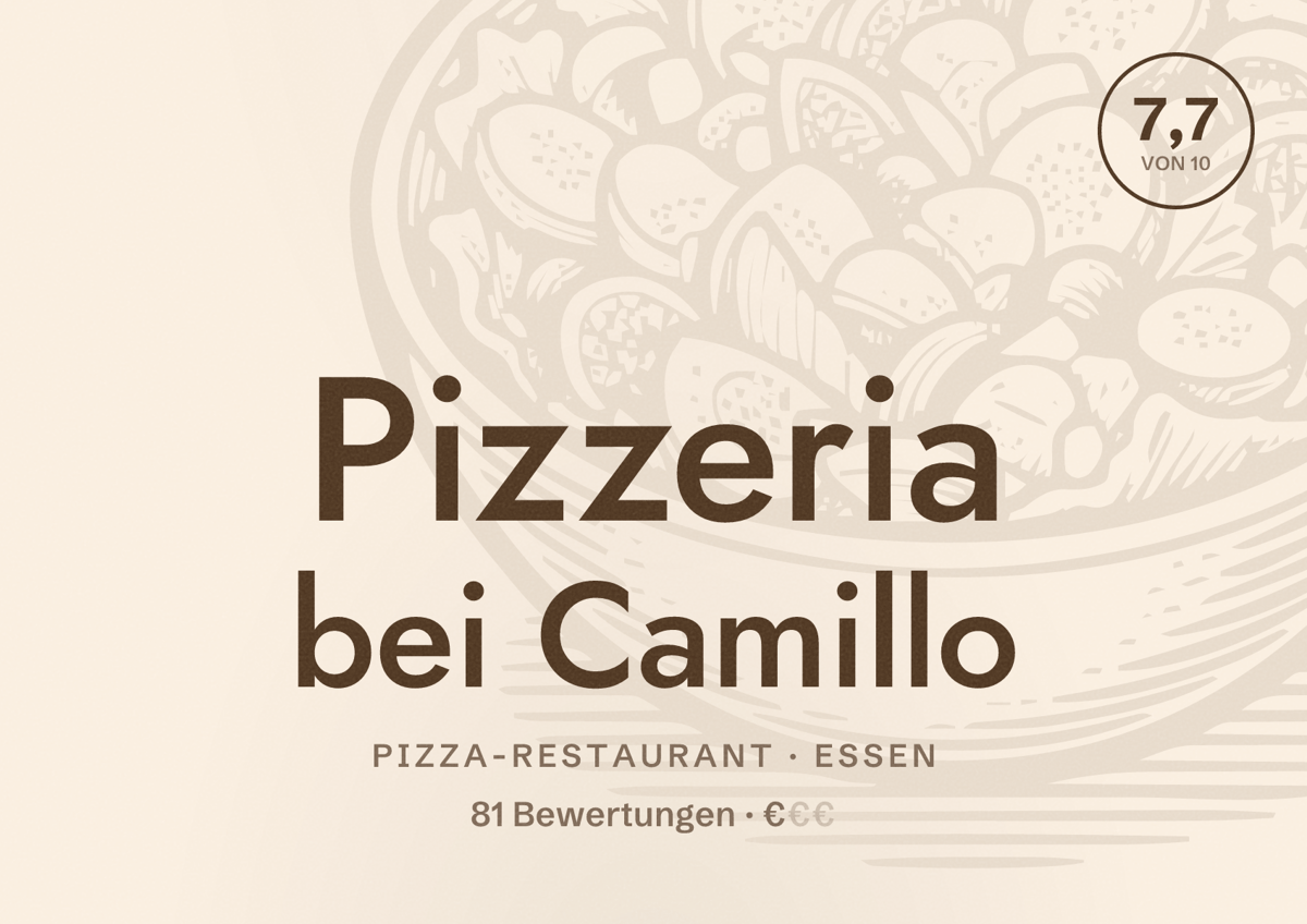 Illustriertes Poster von Pizzeria bei Camillo, Pizza-Restaurant in Essen: Bewertung 7,7 von 10 aus 81 Bewertungen, Preisniveau €