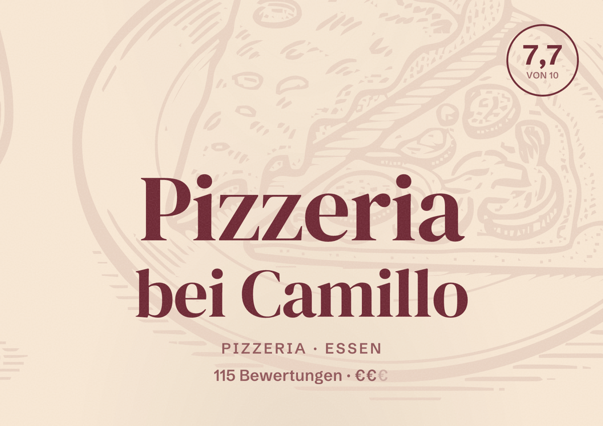 Illustriertes Poster von Pizzeria bei Camillo, Pizzeria in Essen: Bewertung 7,7 von 10 aus 115 Bewertungen, Preisniveau €€